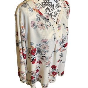 Van Heusen -- cream blouse with red and many other color flowers, Vneck, size XL
